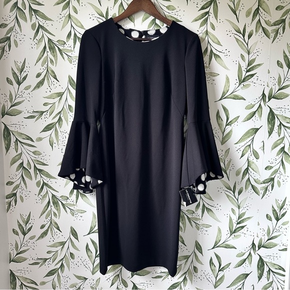 Liz Claiborne Knee Length Bell Sleeve Dress. Black with Polka Dots. Size 4. NWT. - Picture 1 of 9
